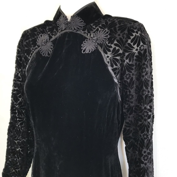 Black Velvet Evening Dress with High Neckline and Burnout Sheer Long Sleeves - Picture 2 of 4
